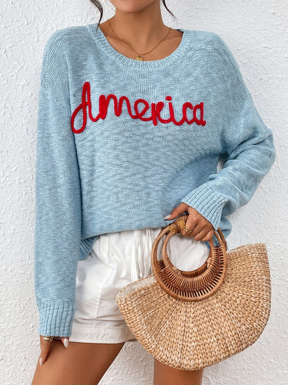 "AMERICA" Round Neck Long Sleeve Sweater