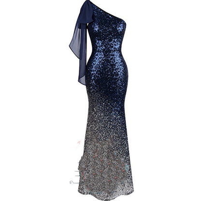 Women's One Shoulder Fishtail Sequin Evening Dress