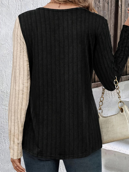 Decorative Button Contrast Round Neck Long Sleeve Shirt