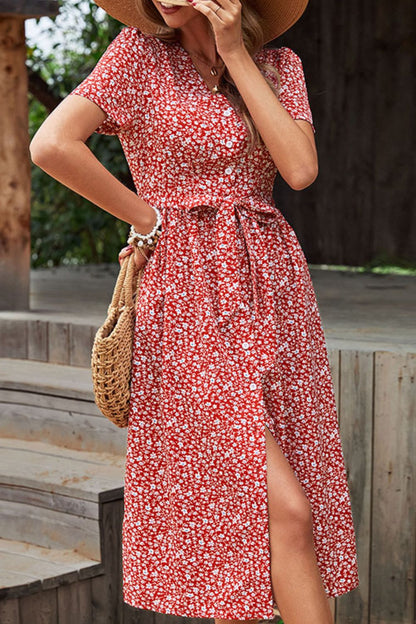 Floral Button Front Tied Puff Sleeve Dress