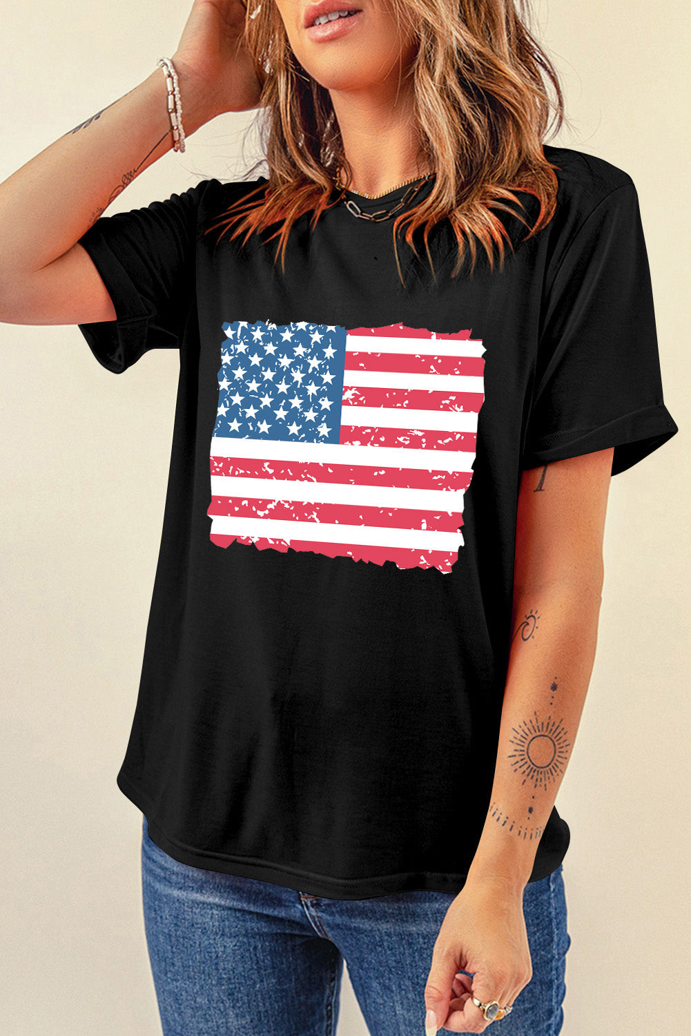 "US Flag" Round Neck Short Sleeve T-Shirt