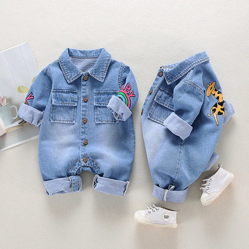 Infant Denim Romper with Cartoon Design