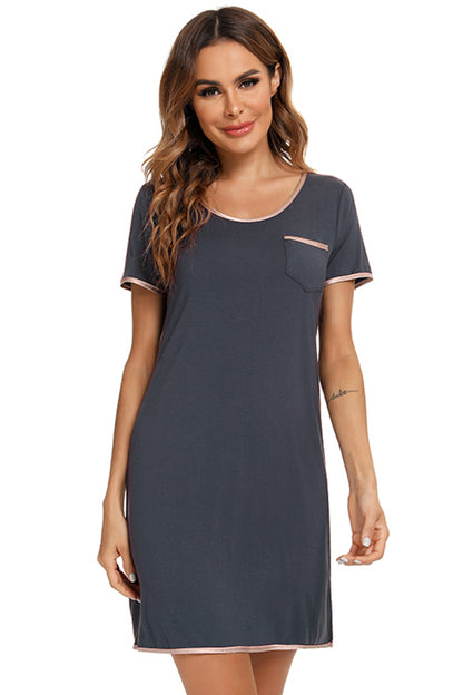 Contrast Trim Pocketed Round Neck Nightshirt