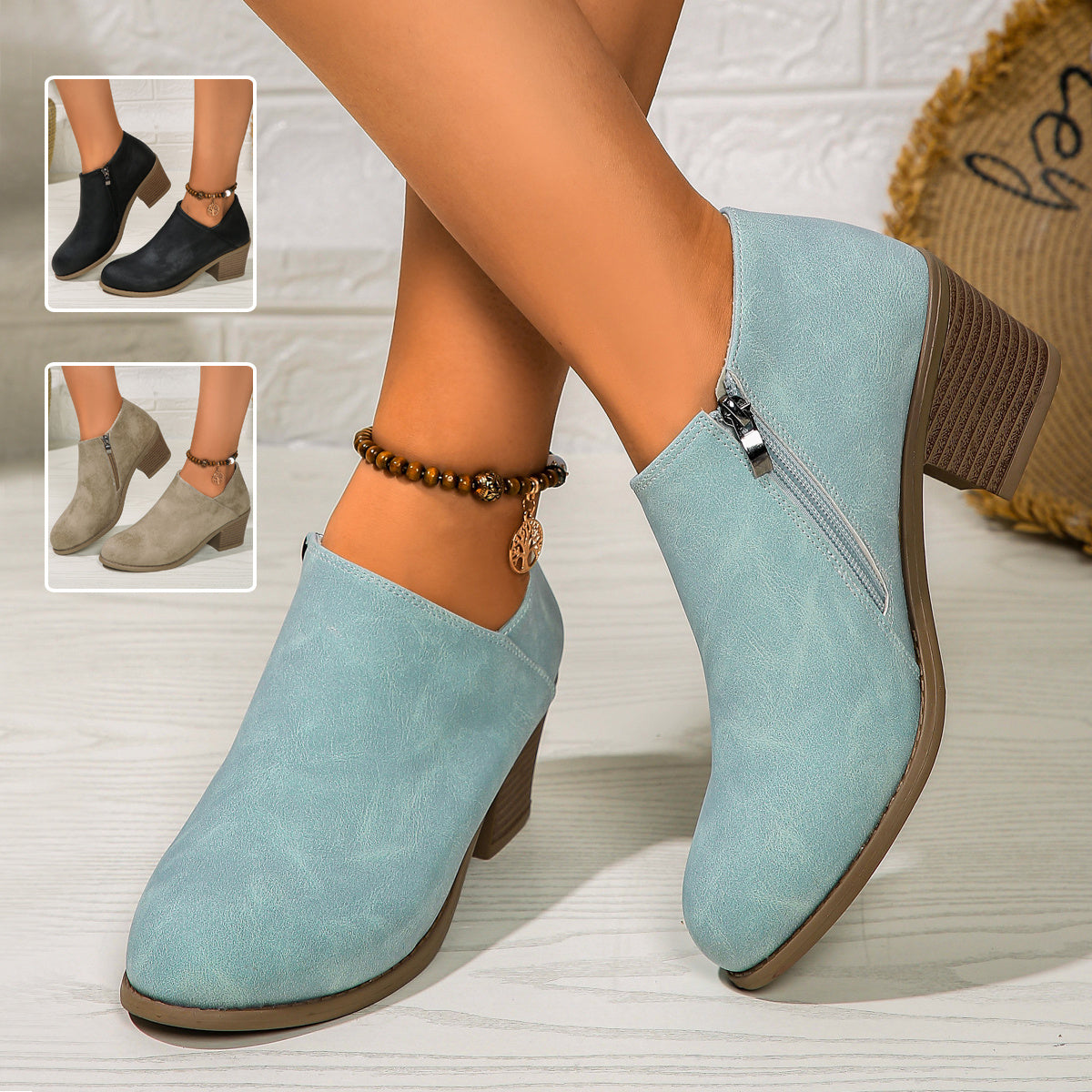 Women's Side Zipper Chunky Heel Boots