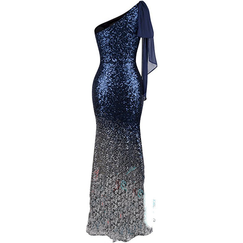 Women's One Shoulder Fishtail Sequin Evening Dress