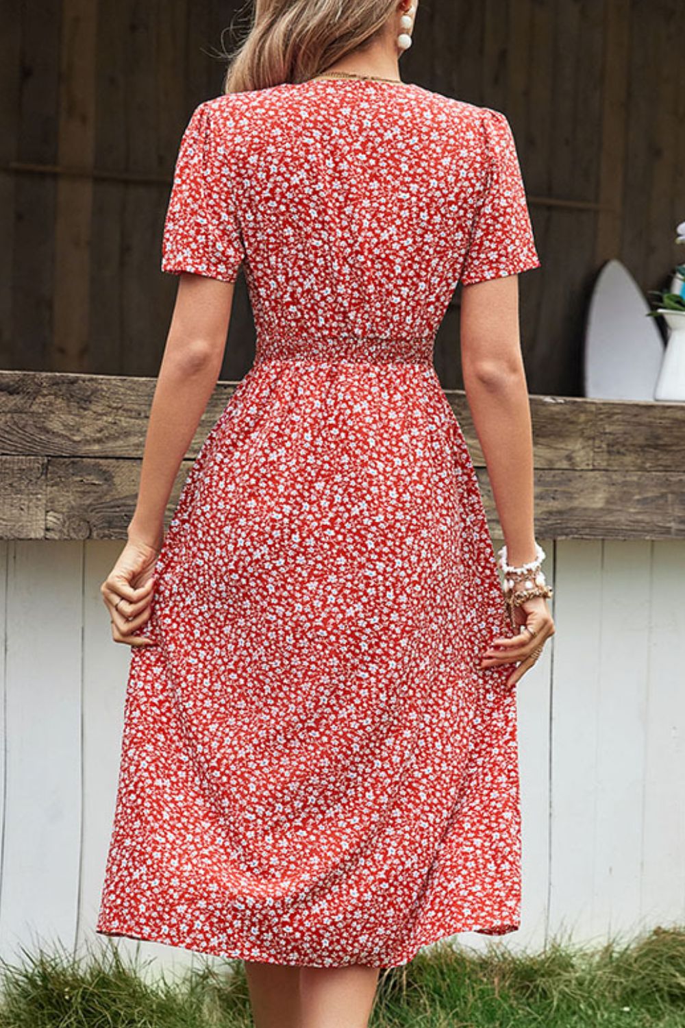 Floral Button Front Tied Puff Sleeve Dress