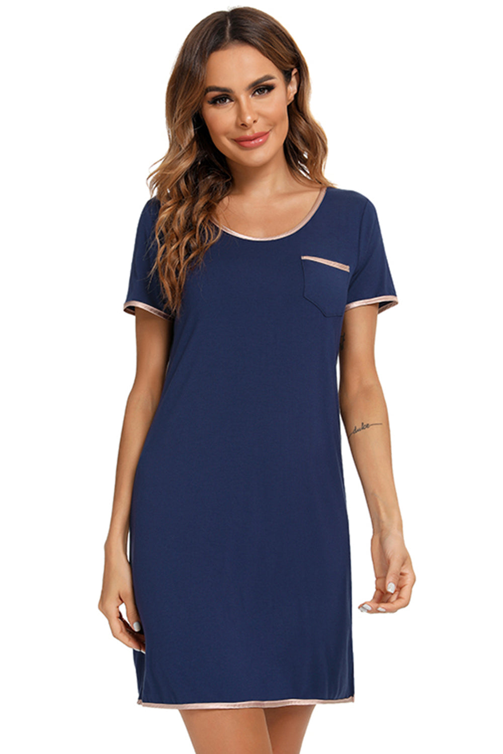 Contrast Trim Pocketed Round Neck Nightshirt