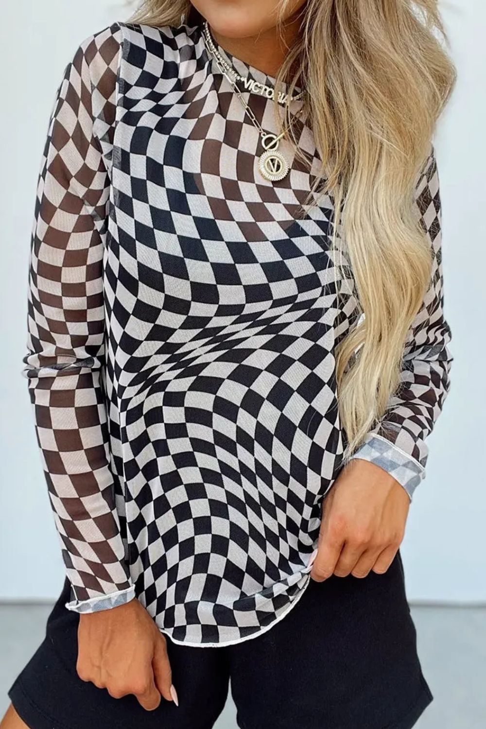 Checkered Mock Neck Long Sleeve Blouse