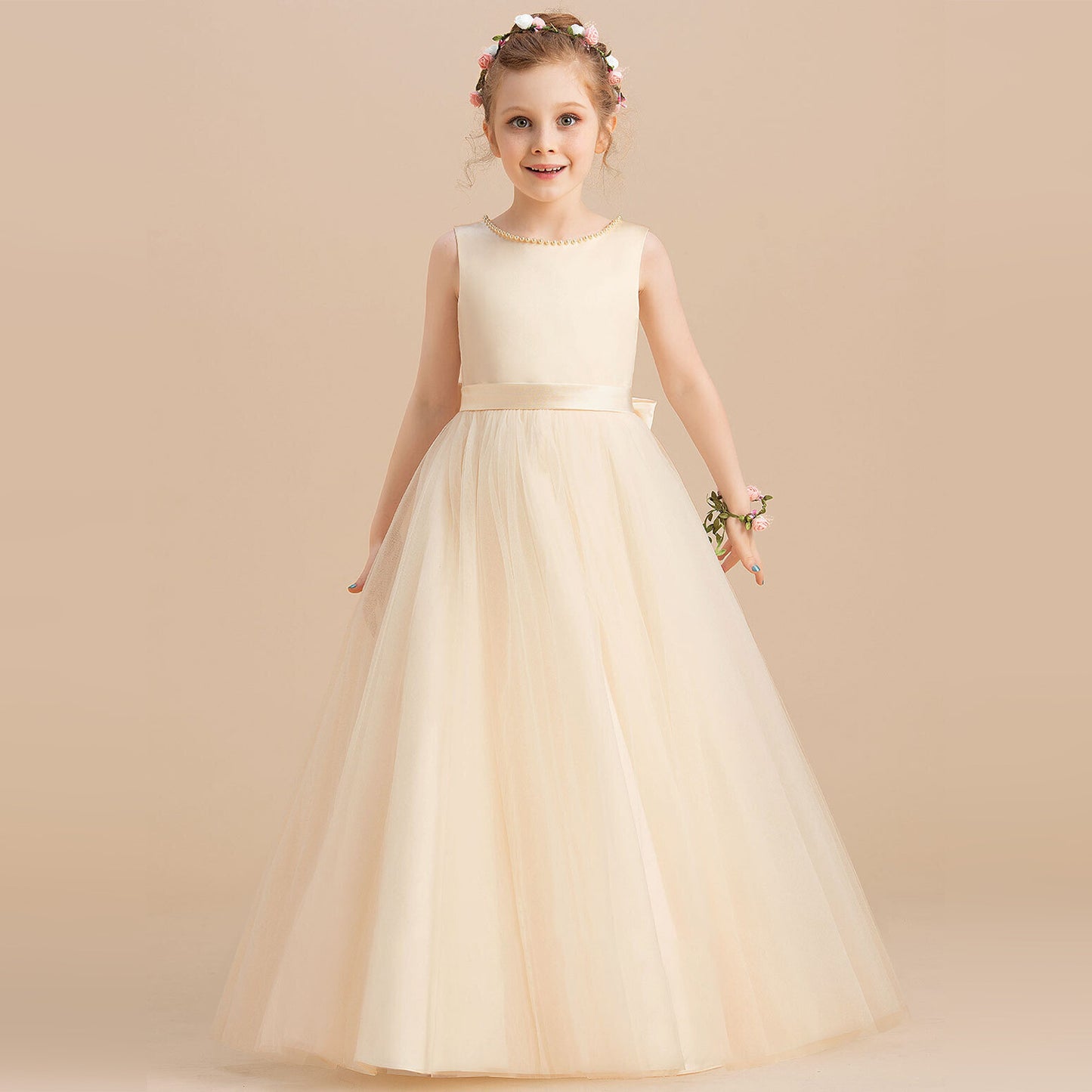 Girls Champagne Sleeveless Beaded Formal Dress