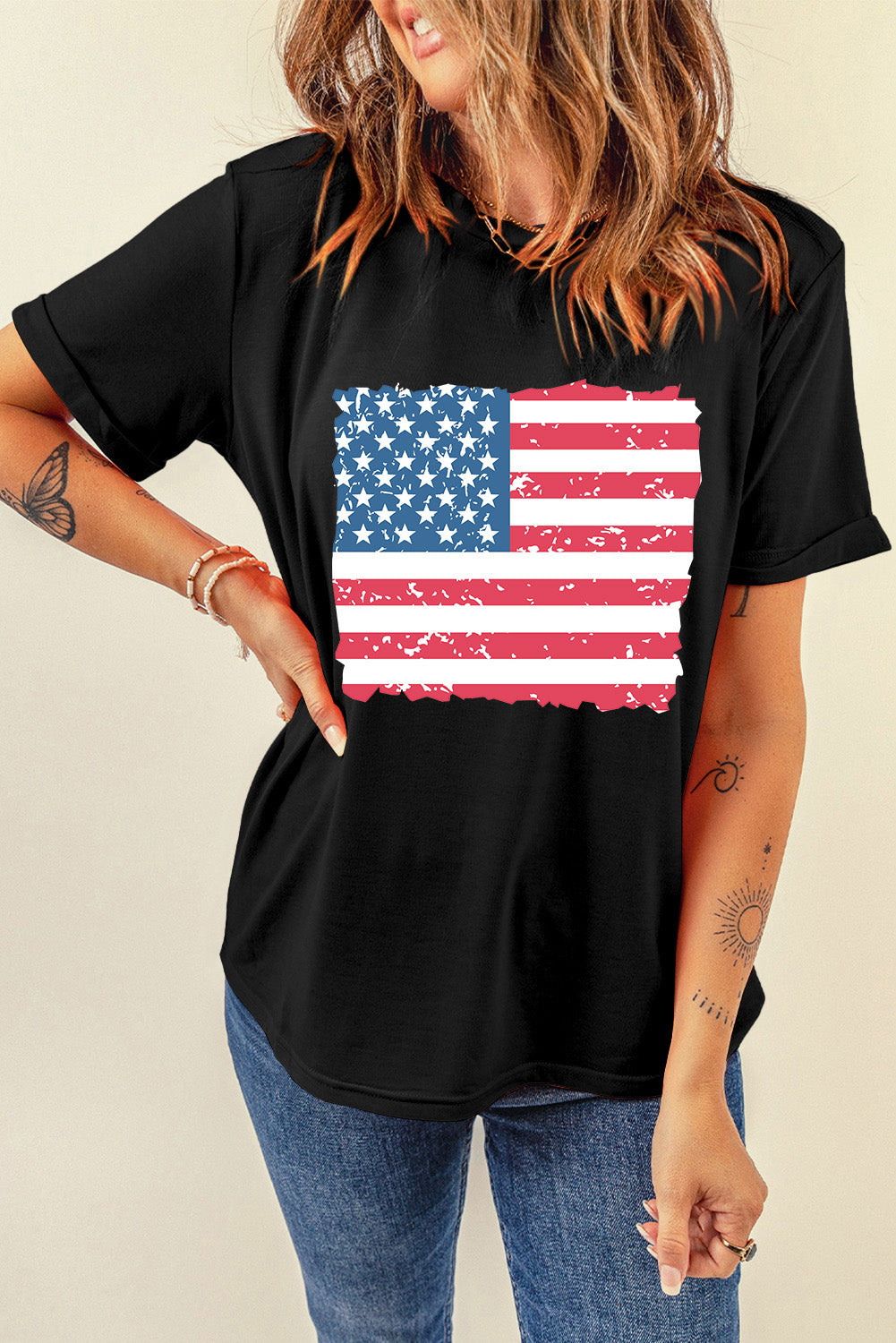 "US Flag" Round Neck Short Sleeve T-Shirt