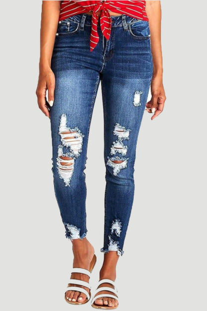 Distressed Raw Hem Jeans with Pockets