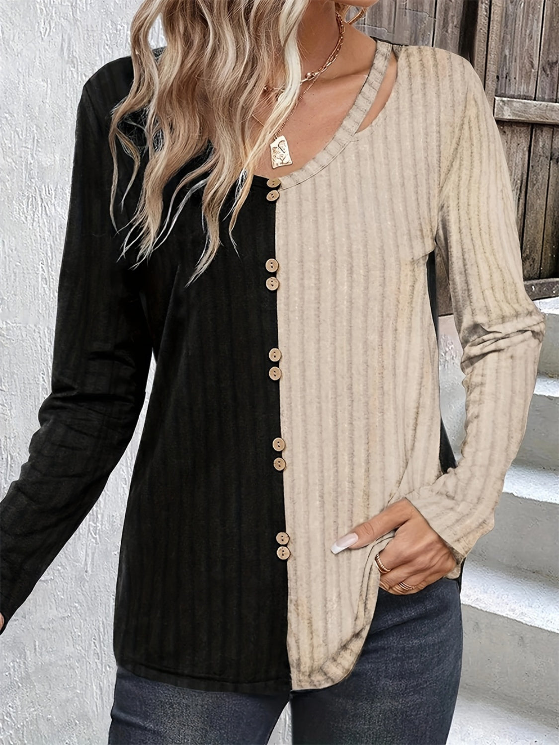 Decorative Button Contrast Round Neck Long Sleeve Shirt