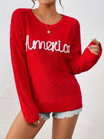 "AMERICA" Round Neck Long Sleeve Sweater