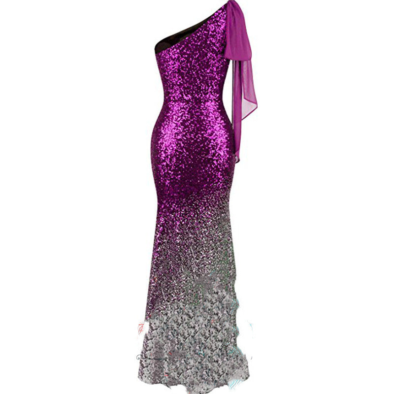 Women's One Shoulder Fishtail Sequin Evening Dress