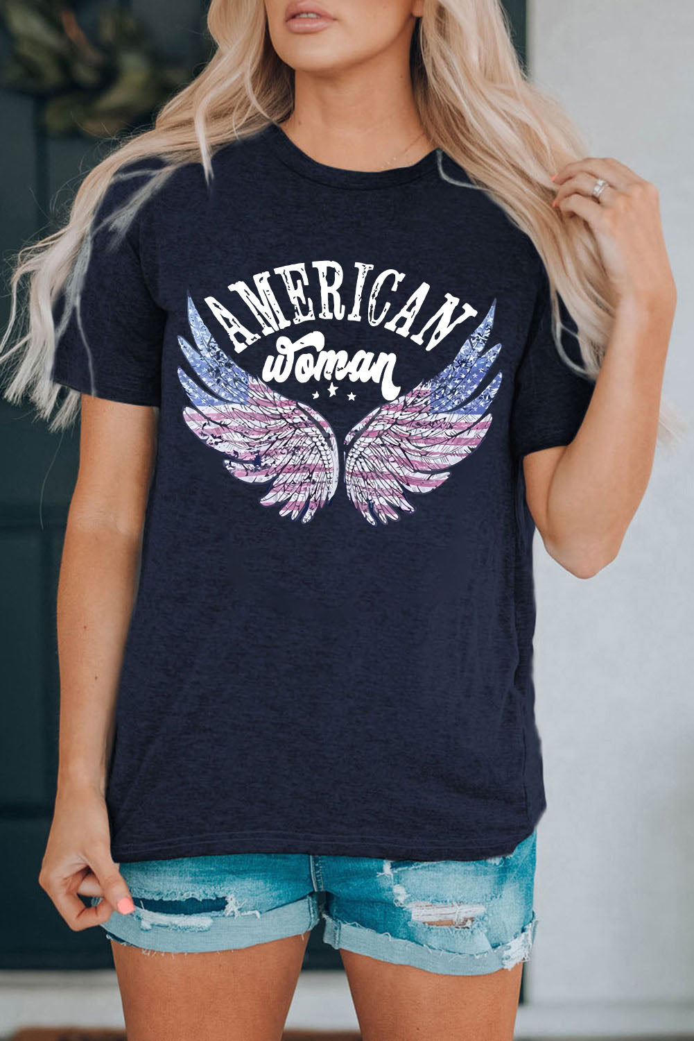 "AMERICAN WOMAN" Graphic Round Neck Tee