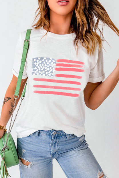 "US Flag" Round Neck Short Sleeve T-Shirt