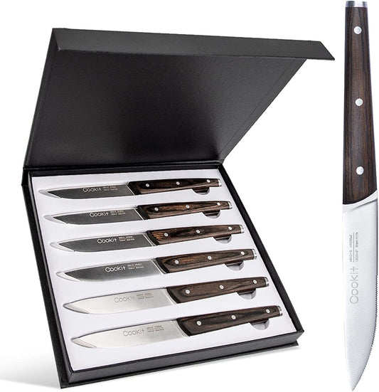 6Pcs Steak Knife Set Serrated Stainless Steel Utility with Wooden Handle