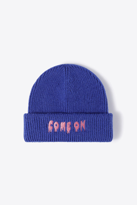 "COME ON" Embroidered Cuff Knit Beanie