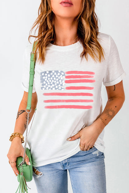 "US Flag" Round Neck Short Sleeve T-Shirt