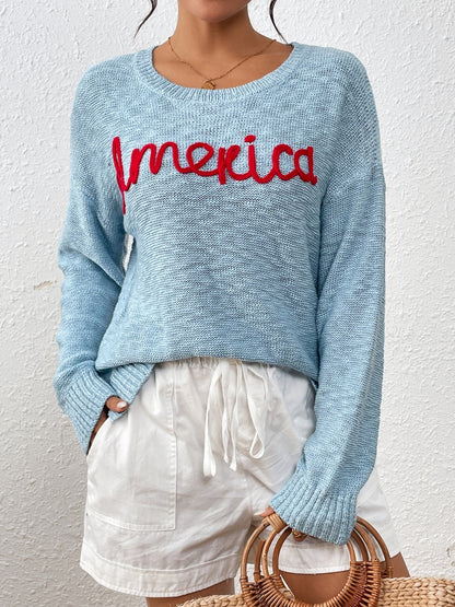 "AMERICA" Round Neck Long Sleeve Sweater