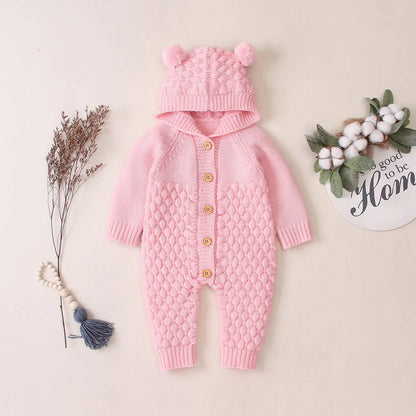 Ear Knit Romper With Hoodie