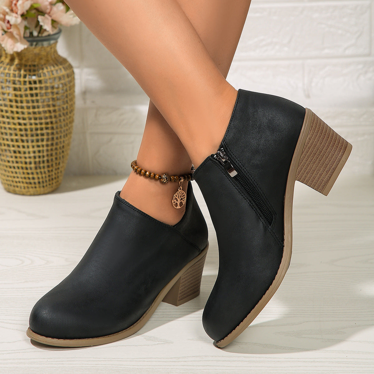 Women's Side Zipper Chunky Heel Boots