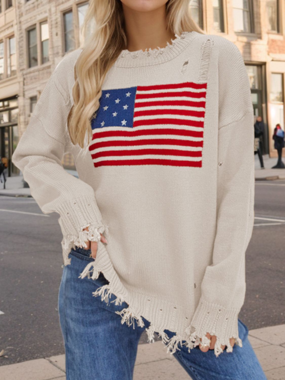 "US Flag" Distressed Round Neck Long Sleeve Sweater