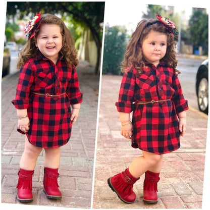 Girl's Fashion Long Plaid Dress With Belt