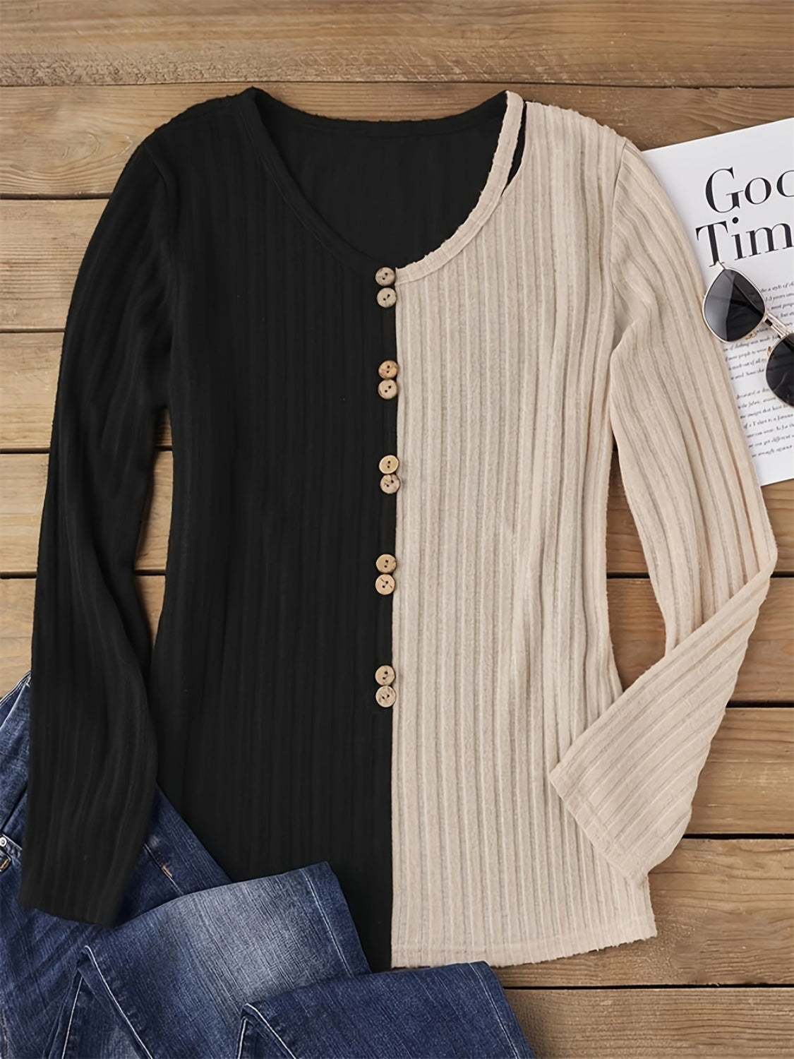 Decorative Button Contrast Round Neck Long Sleeve Shirt