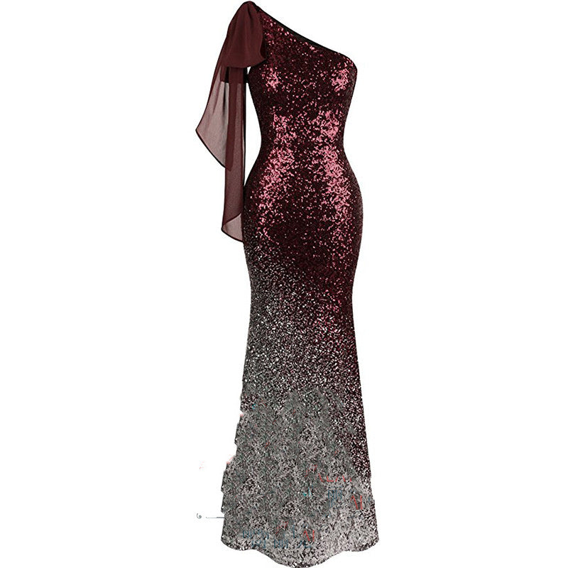 Women's One Shoulder Fishtail Sequin Evening Dress