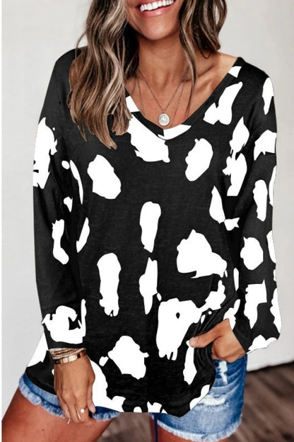 Full Size Printed V-Neck Long Sleeve Top