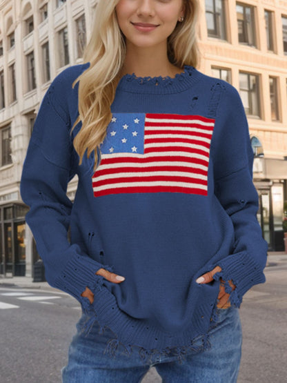 "US Flag" Distressed Round Neck Long Sleeve Sweater