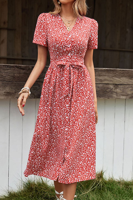 Floral Button Front Tied Puff Sleeve Dress