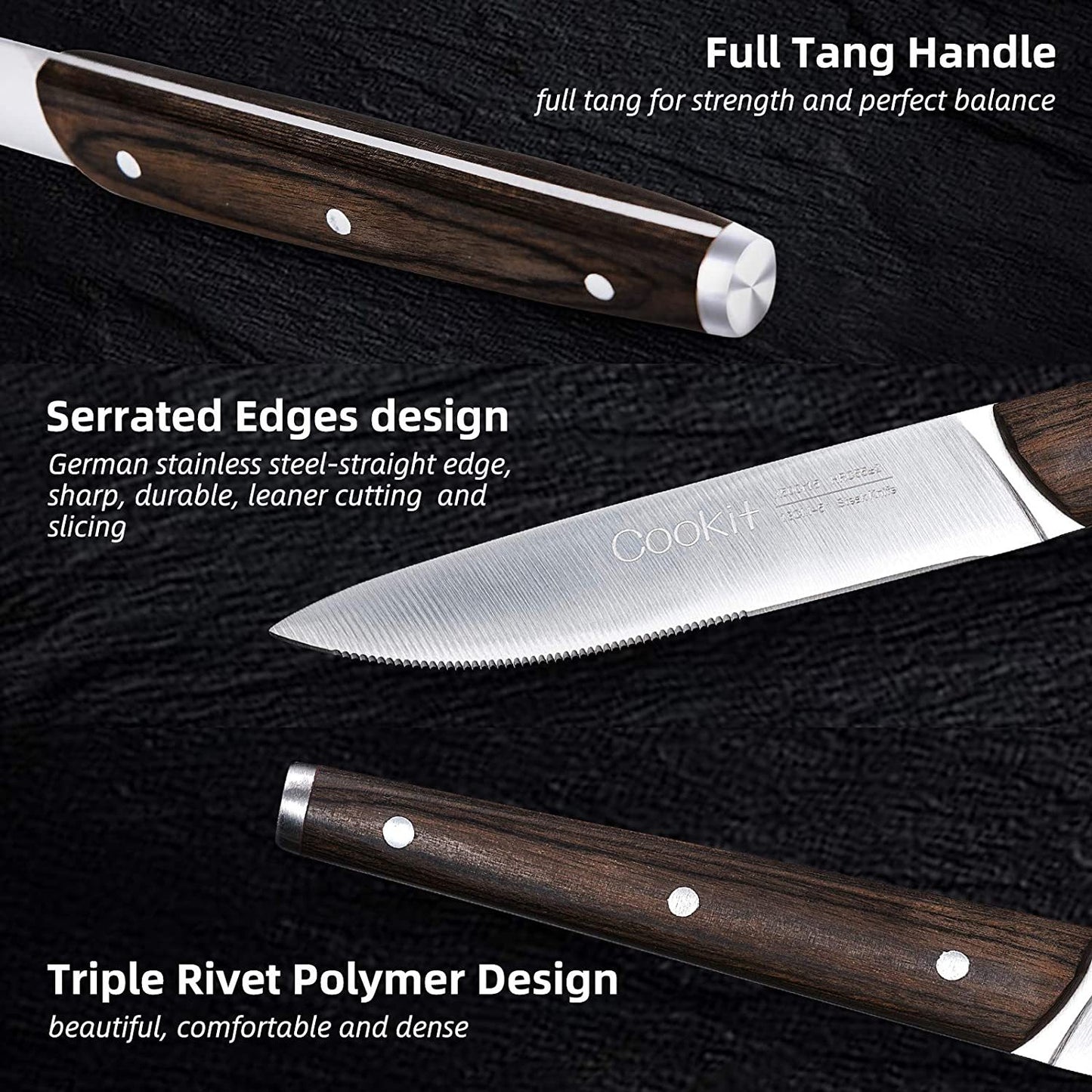 6Pcs Steak Knife Set Serrated Stainless Steel Utility with Wooden Handle