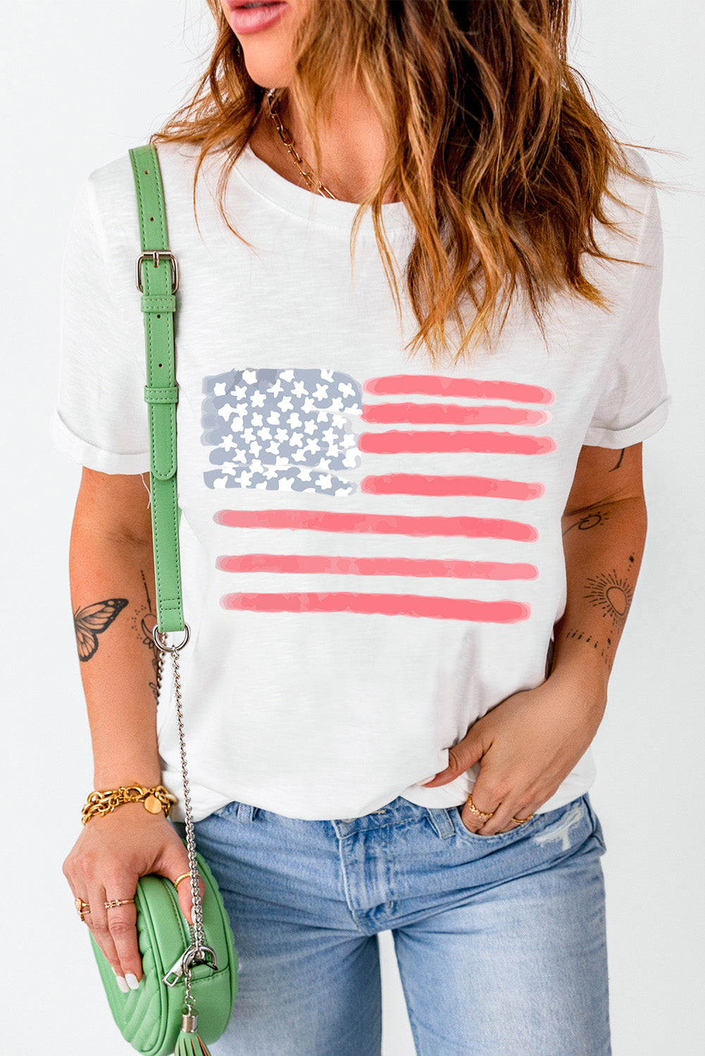 "US Flag" Round Neck Short Sleeve T-Shirt