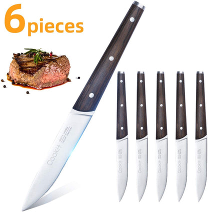 6Pcs Steak Knife Set Serrated Stainless Steel Utility with Wooden Handle