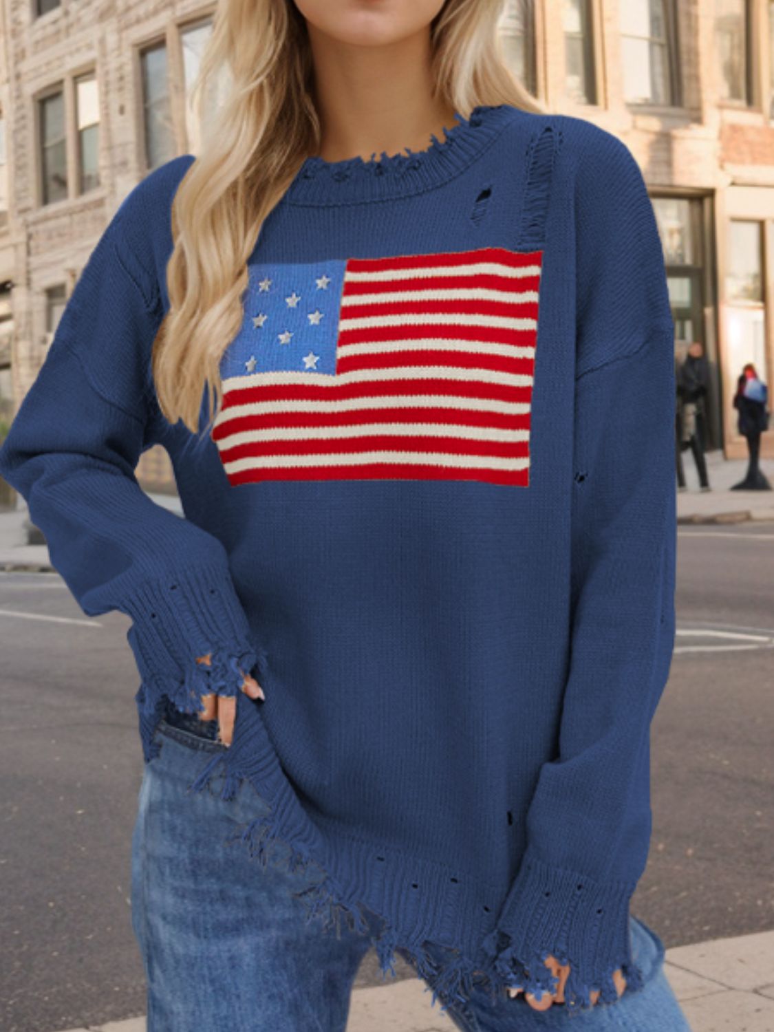 "US Flag" Distressed Round Neck Long Sleeve Sweater