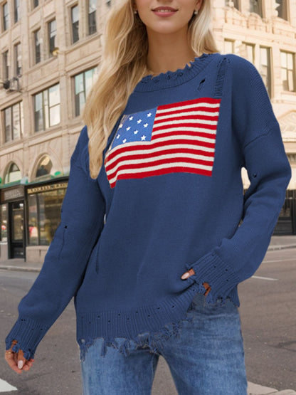 "US Flag" Distressed Round Neck Long Sleeve Sweater