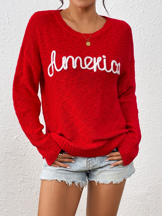 "AMERICA" Round Neck Long Sleeve Sweater