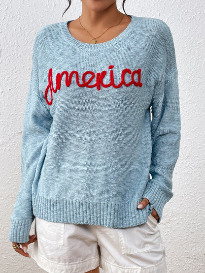 "AMERICA" Round Neck Long Sleeve Sweater