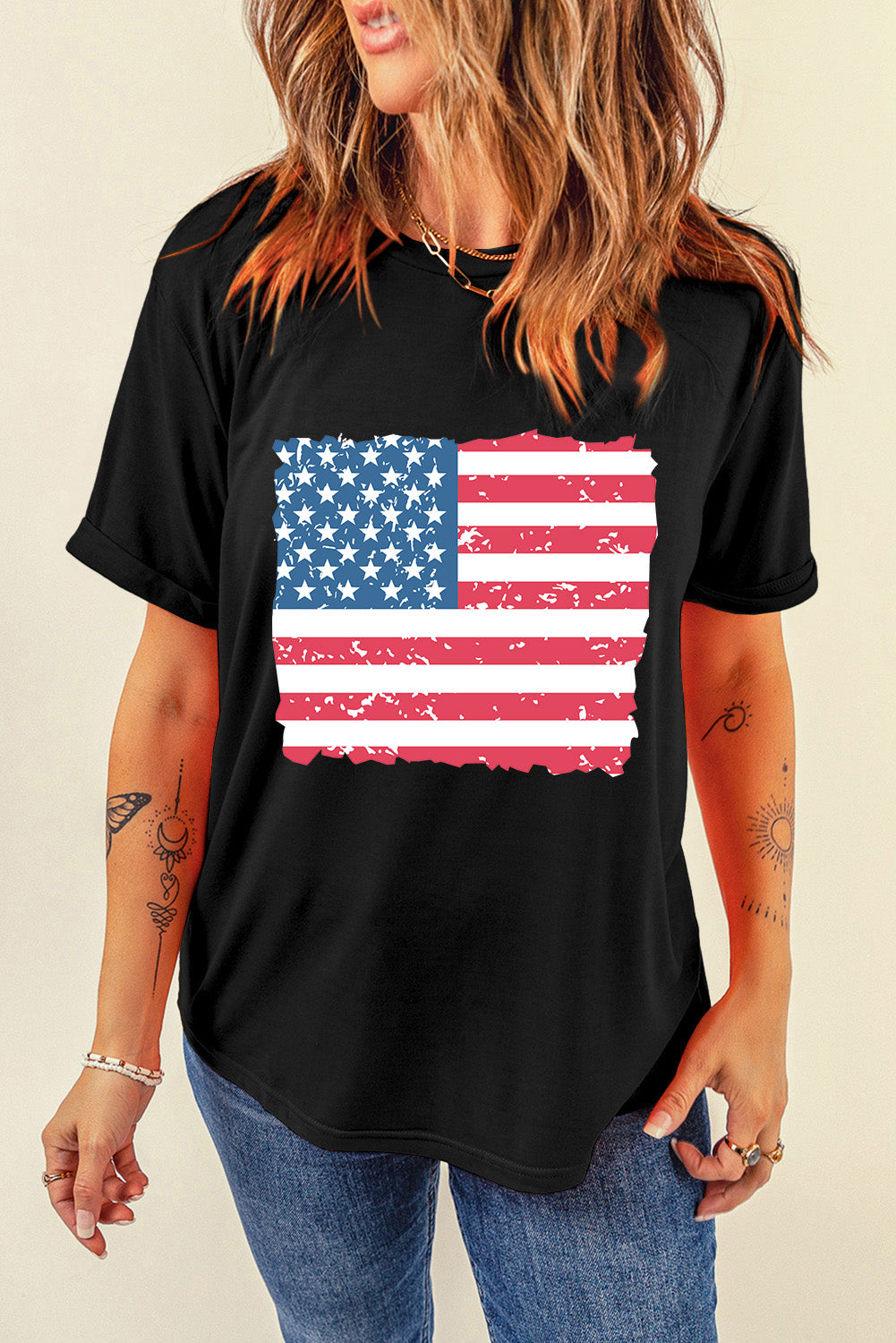 "US Flag" Round Neck Short Sleeve T-Shirt