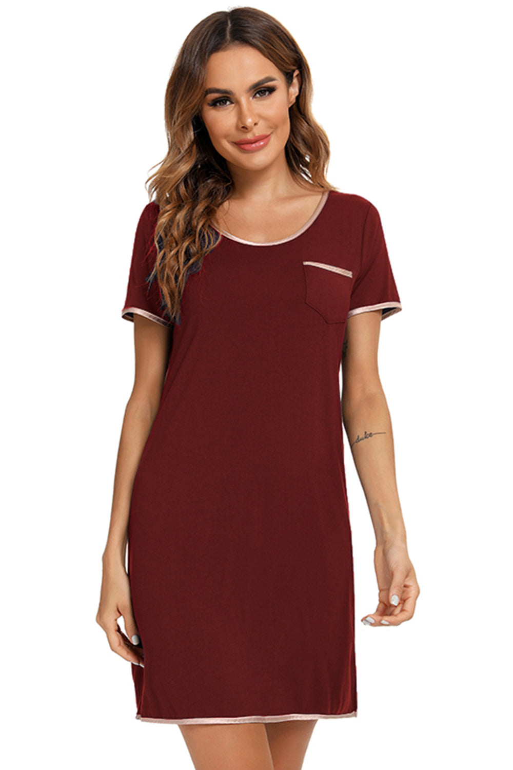 Contrast Trim Pocketed Round Neck Nightshirt