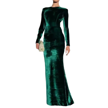 Women's Round Neck Long Sleeve Hollow Back Solid Evening Dress