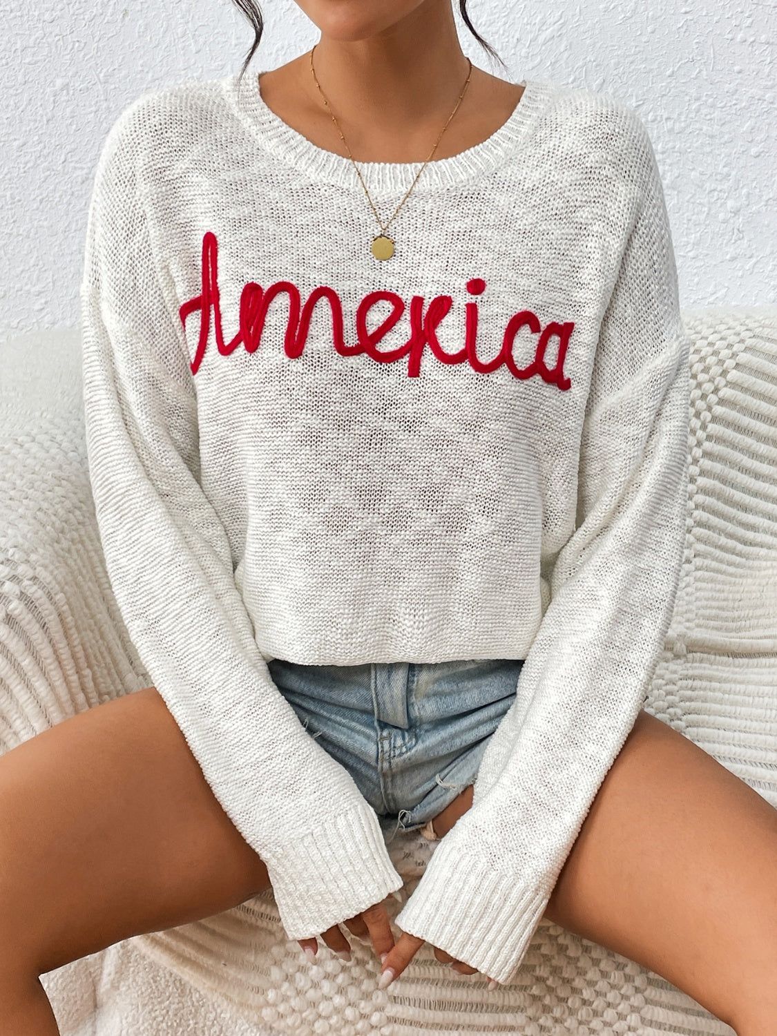 "AMERICA" Round Neck Long Sleeve Sweater