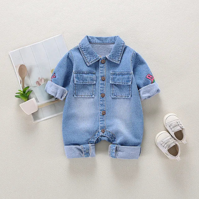 Infant Denim Romper with Cartoon Design